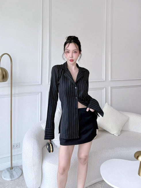 Stripes Collar Fitted Shirts With Skirts